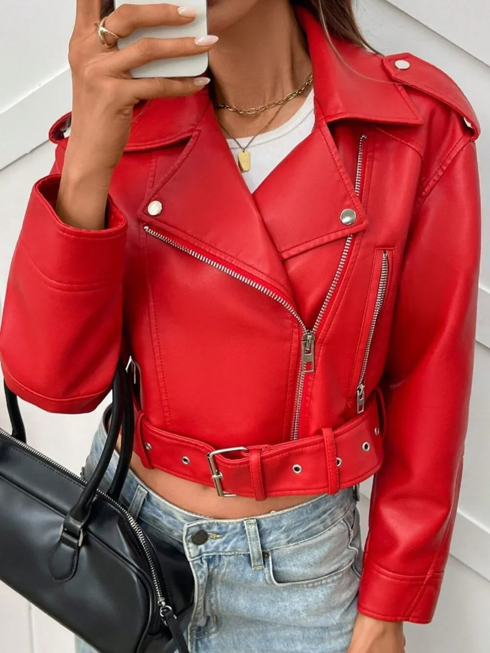 Red Casual Women's Minimalist Zip-Up faux leather Short Jacket - Picture 5 of 7
